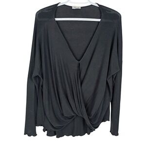 Silence + Noise Womens Black Draped Wrap Front V-Neck Long Sleeve Top Size L